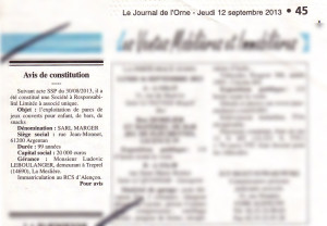 12 Septembre 2013 : Avis de Constitution, Journal de L'Orne